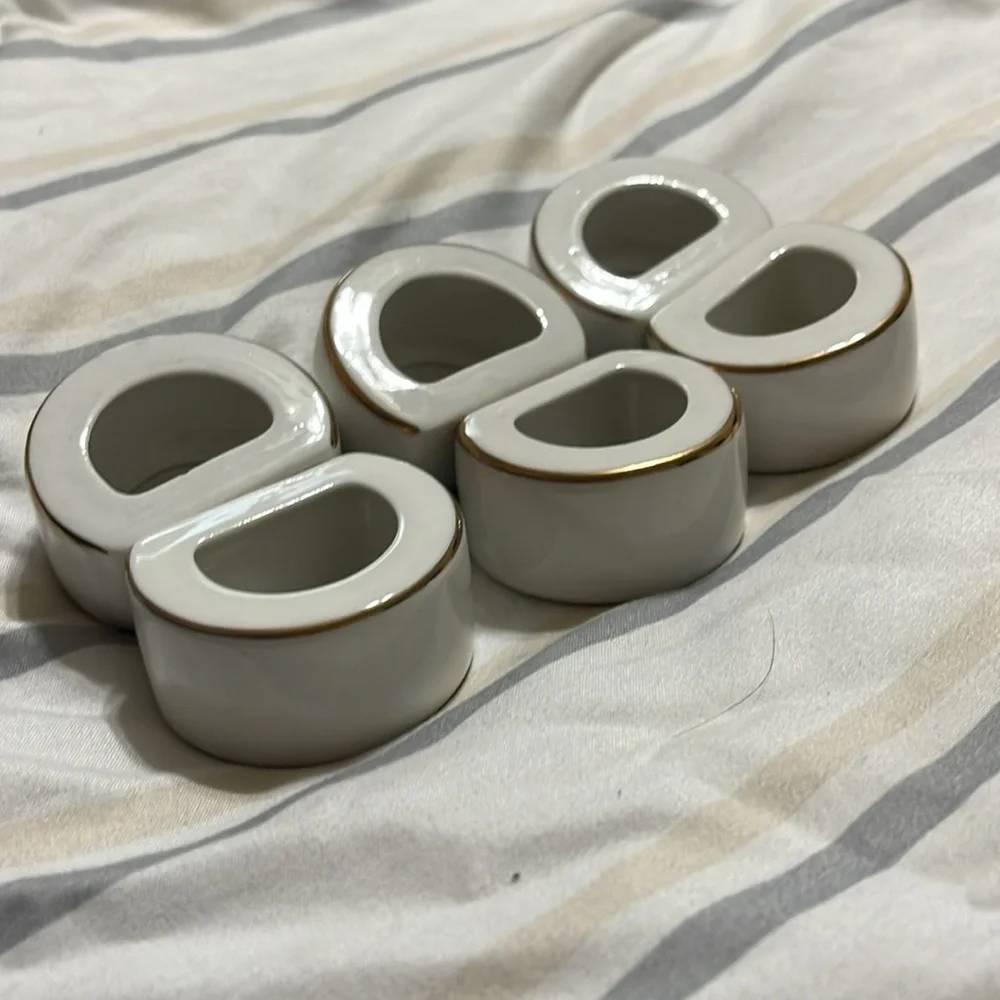 Ceramic Vintage Napkin Ring Holders White With Gold Trim Hostess Party Set of 6
